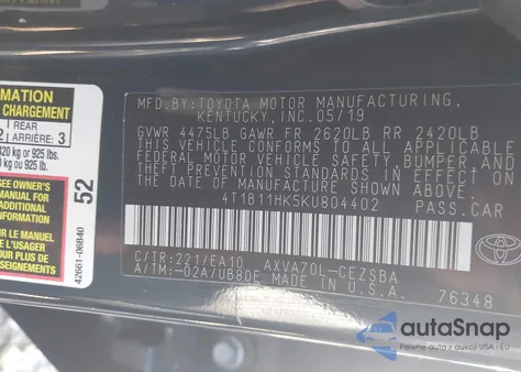2019 Toyota Camry Se from USA, damaged, VIN 4T1B11HK5KU804402